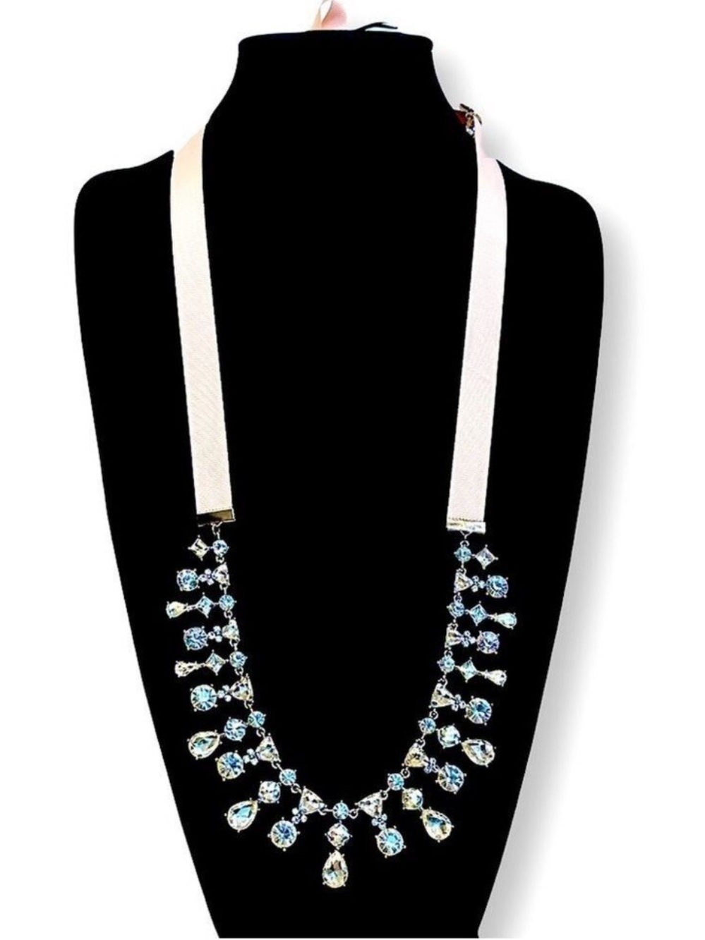 🎀 LOFT 🎀 Pink Ribbon-Tie Crystal Fringe Adjustable Statement Necklace 🎀 NWOT